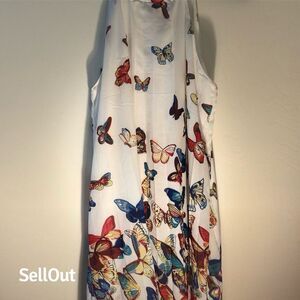 Women's Butterfly Print V-Neck Sleeveless Dress w/ Pockets M
